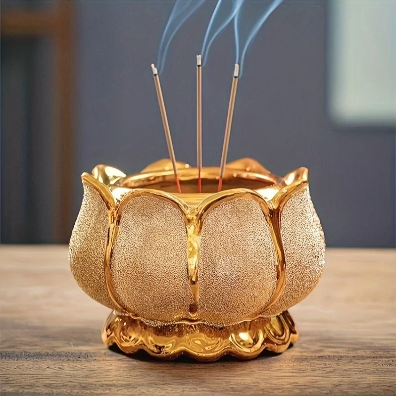 Chinese-Style Ceramic for Lotus Incense Burner - Golden Glaze Finish 3 Sticks Capacity No Flavor Meditation Yoga & Home Decor,