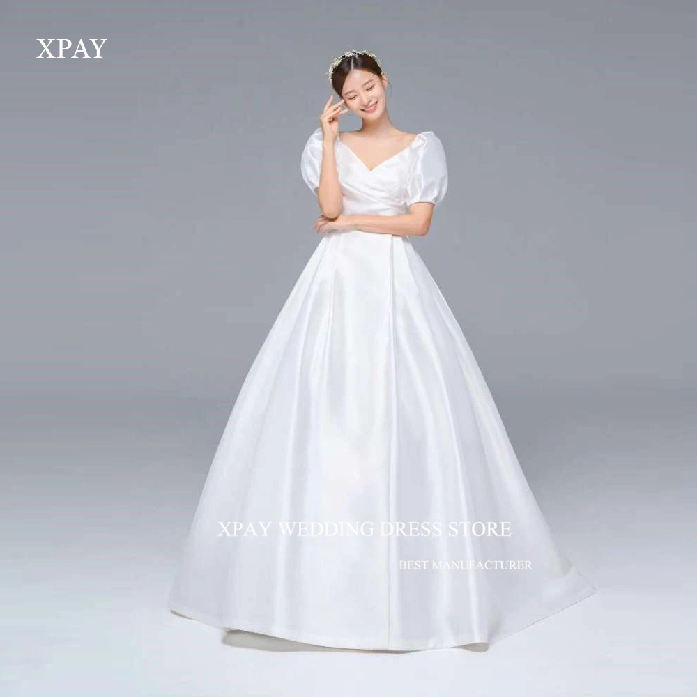 

XPAY Simple A Line Satin Korea Wedding Dresses Short Sleeves Photo shoot Vintage Bridal Gowns Custom Made Bride Mariage