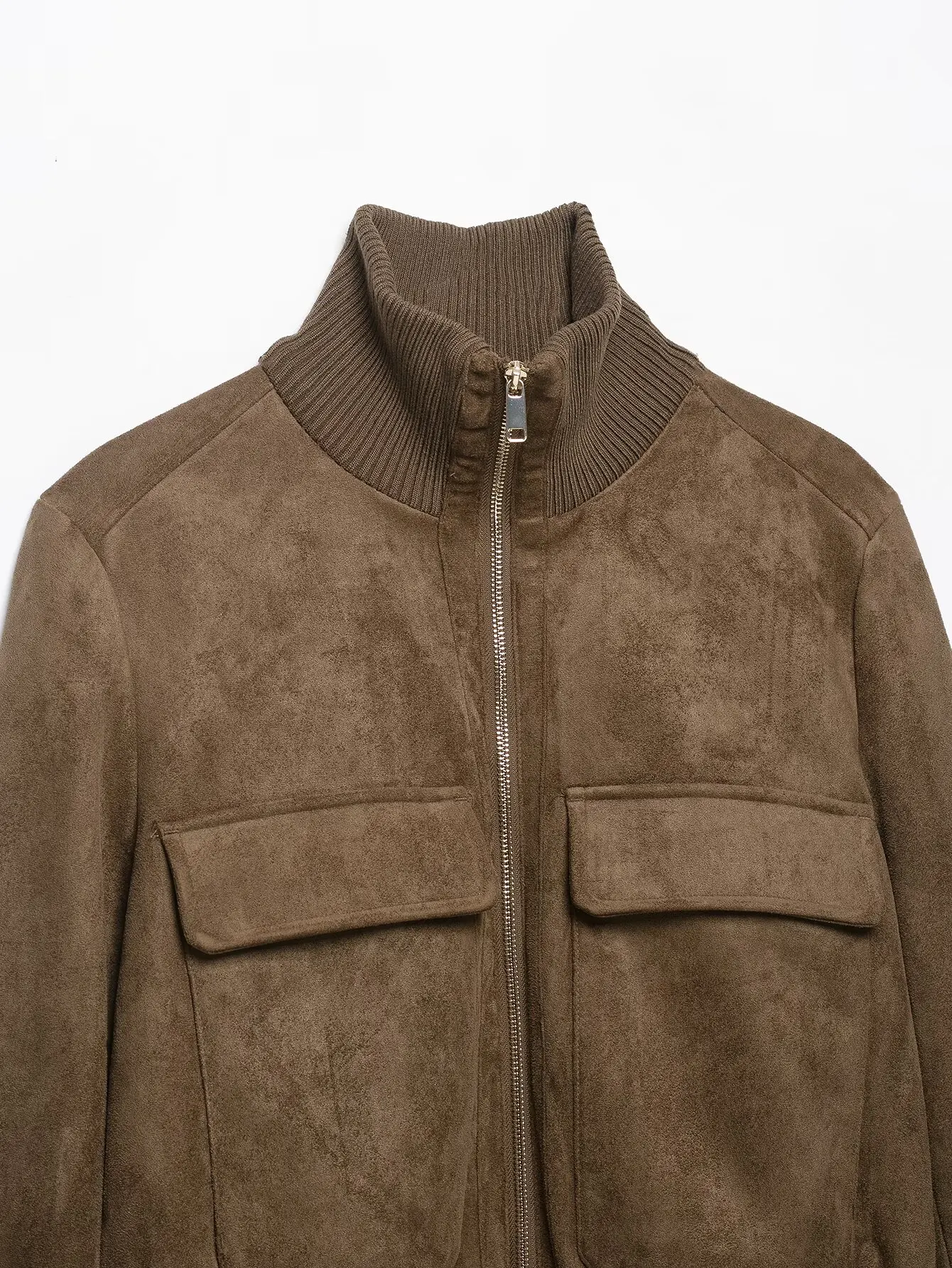 TFMLN Damen Kunstwildlederjacke, einfarbig, schmale Passform, hoher Kragen, lange Ärmel, Reißverschlusstaschen, elastischer Saum, Mantel, Herbstjacken 2026, neu – Detail 6