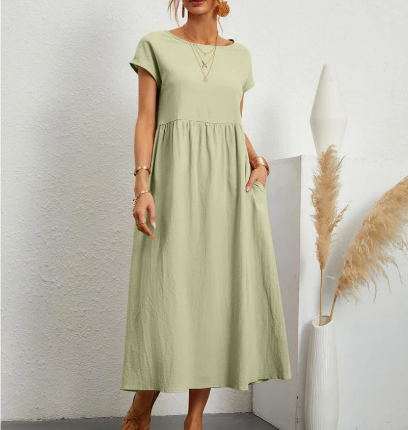 Women\'s Elegant Solid Color Dress Summer Short Sleeve O-Neck Vintage Harajuku Cotton Linen Comfortable Loose Pocket Long Dress