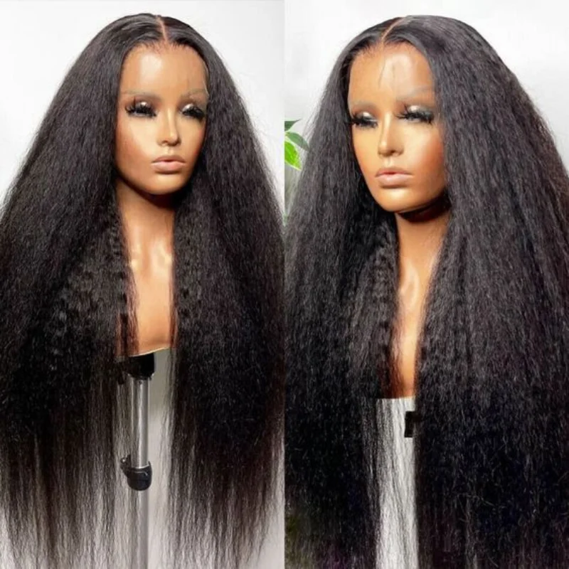 Soft Natural Black Long 26Inch Yaki Kinky Straight Lace Front Wig For Women With Baby Hair Synthetic Preplucked Glueless Daily