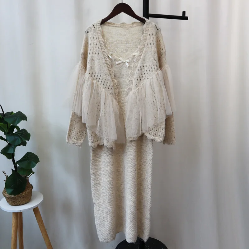 Cardigan tricoté à panneaux en maille pour femmes, coupe ample, découpé, robe débardeur, ensemble pull 2 pièces, nouveau Style automne hiver 2025