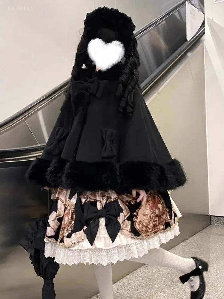 Japanese Lolita Cloak Coats Y2k Aesthetic Furry Patchwork Loose Cute Hooded Jacket Sweet Bow Grunge Fairy Autumn Winter Coat