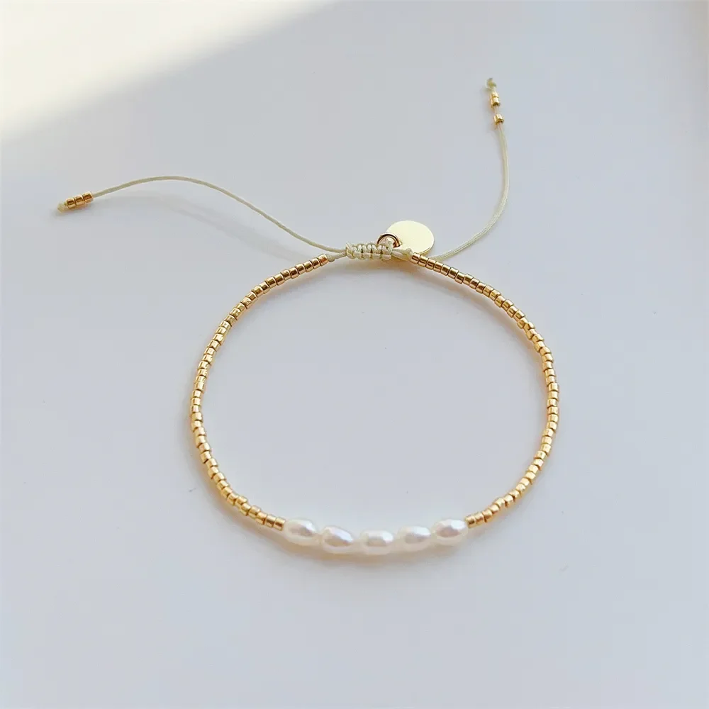 KKBEAD-Pulseras Miyuki para mujer, pulsera de perlas naturales de lujo, cuentas de Color dorado, joyería fina Simple, regalo