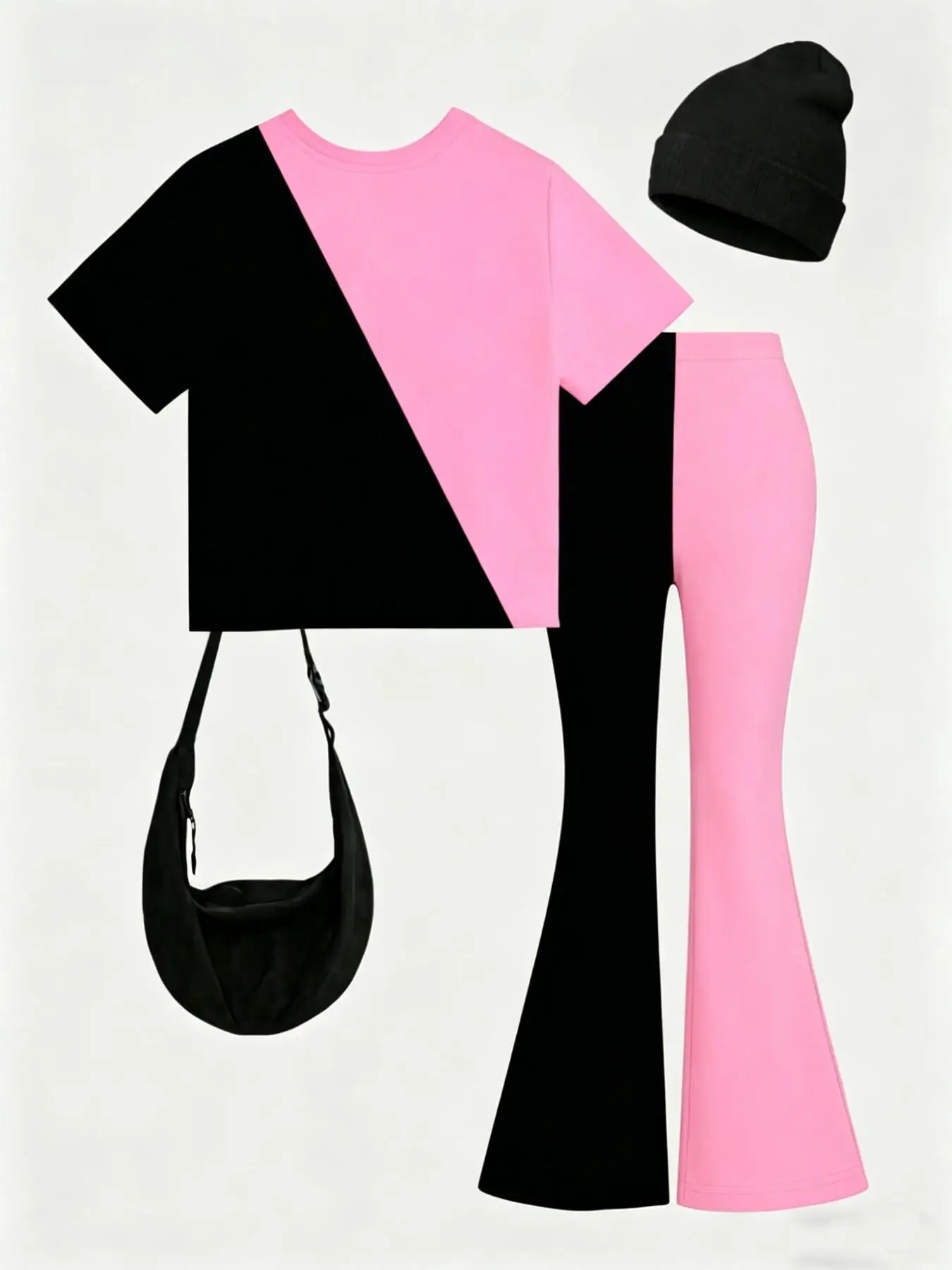 Sommer-Freizeitoutfit für Mädchen, bedrucktes Kurzarm-Set für Kinder, zweiteiliges Set mit schwarzem und rosa Patchwork-T-Shirt + ausgestellter Hose, trendige, vielseitige Kleidung mit Cartoon-Print, geeignet für Mädchen ab 3 Jahren – Detail 2