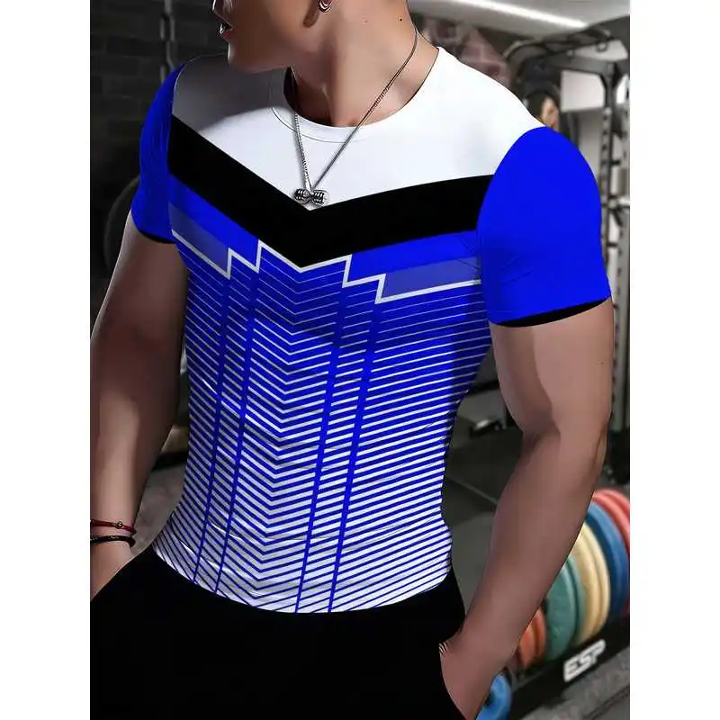 Men Quick Dry Moisture Wicking Workout Shirt High Elasticity Breathable Athletic T Shirt With Blue White Contrast Arrow Line
