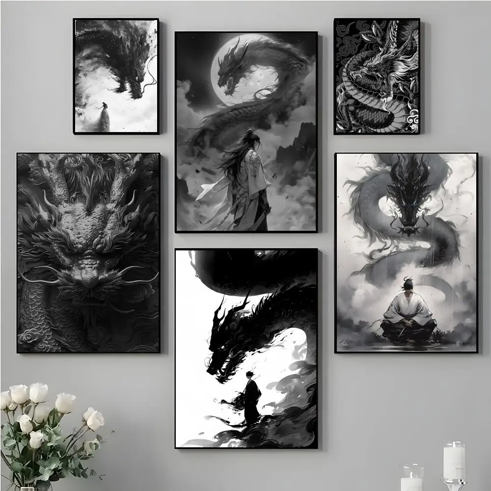 Traditional A-Asian Ink Style Dragon Shadow Waves Art Poster High-definition stickers ideal gifts for living rooms hallways