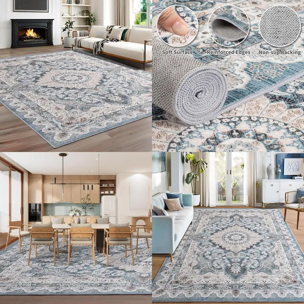 

Vintage 6x9 Machine Washable Rugs with Non-Slip Rubber Backing for Living Room, Bedroom, Dining Room, and Kitchen in Blue