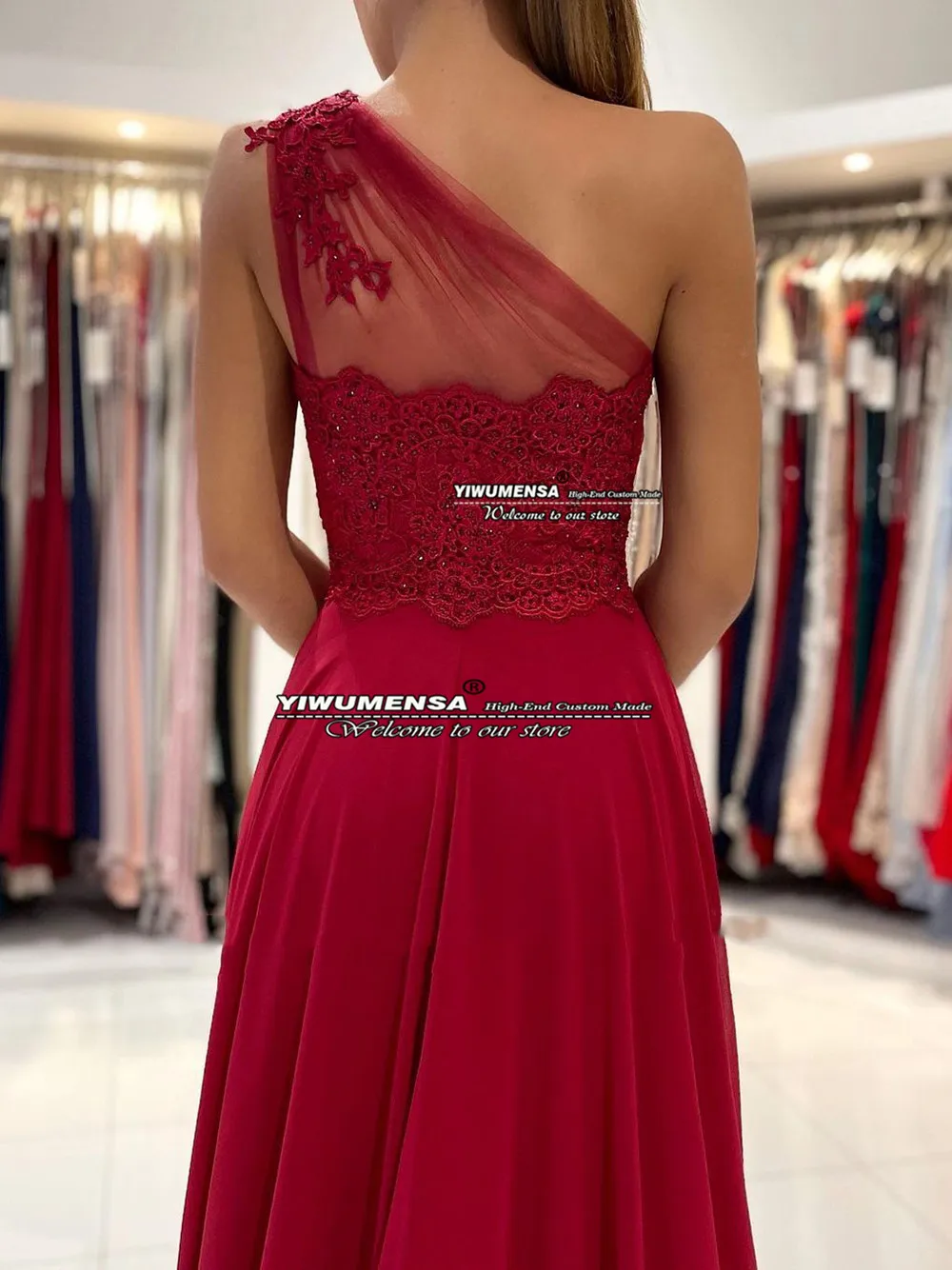 Vestidos de Fiesta de gasa con corte en A para mujer, vestido de noche Formal con abertura lateral, apliques de un hombro, con cuentas, vestidos de tren de barrido