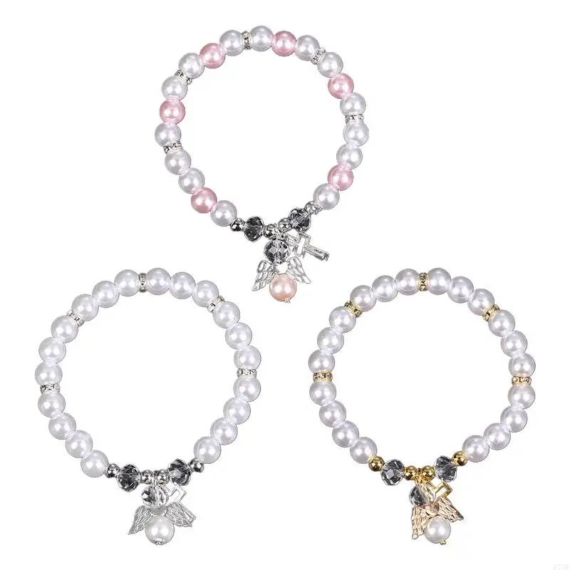 E74E Pearl for Cross Angel Rosary Bracelet Catholic Rosary Hand Dress Accessory