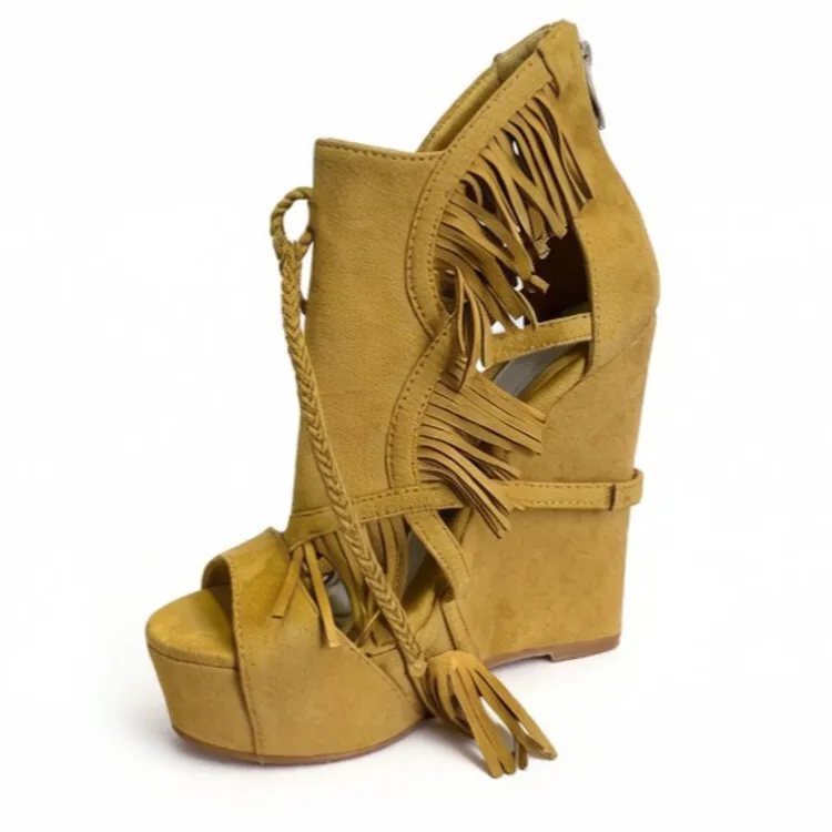 Sandalias de Plataforma con Cuña y Flecos de Ante Sintético Marrón Camel para Mujer, con Punta Abierta, Cierre Trasero con Cremallera, Estilo Bohemio Gladiador