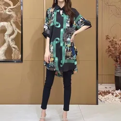 Vintage Elegant Irregular Printed Shirt for Female 2023 Fashion Summer Casual All-match Loose Polo-Neck Midi Pullovers Blouse