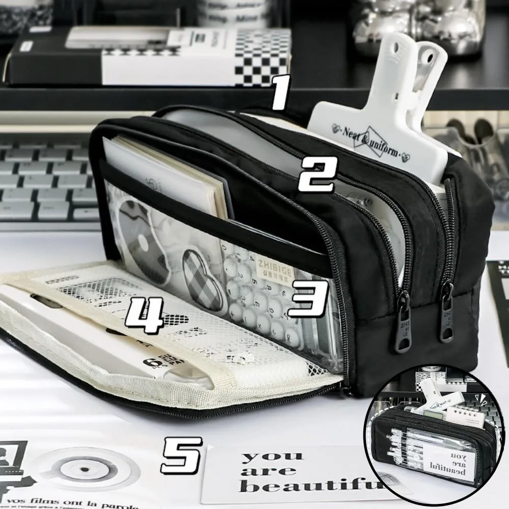 5-Layer Pencil Case Transparent Window Partition Multilayers Pen Bag Pencil Large Capacity Stationery Storage Pouch Student Gift