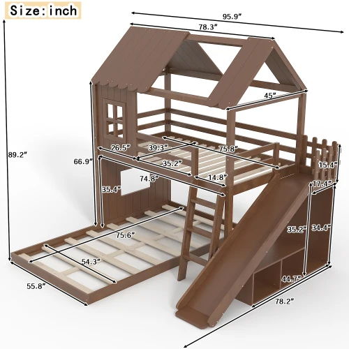 

！@Modern Solid Wood Farmhouse Kids Bunk Convertible Bed with Stairs & Space Storage for Bathroom Use 0-12 Years