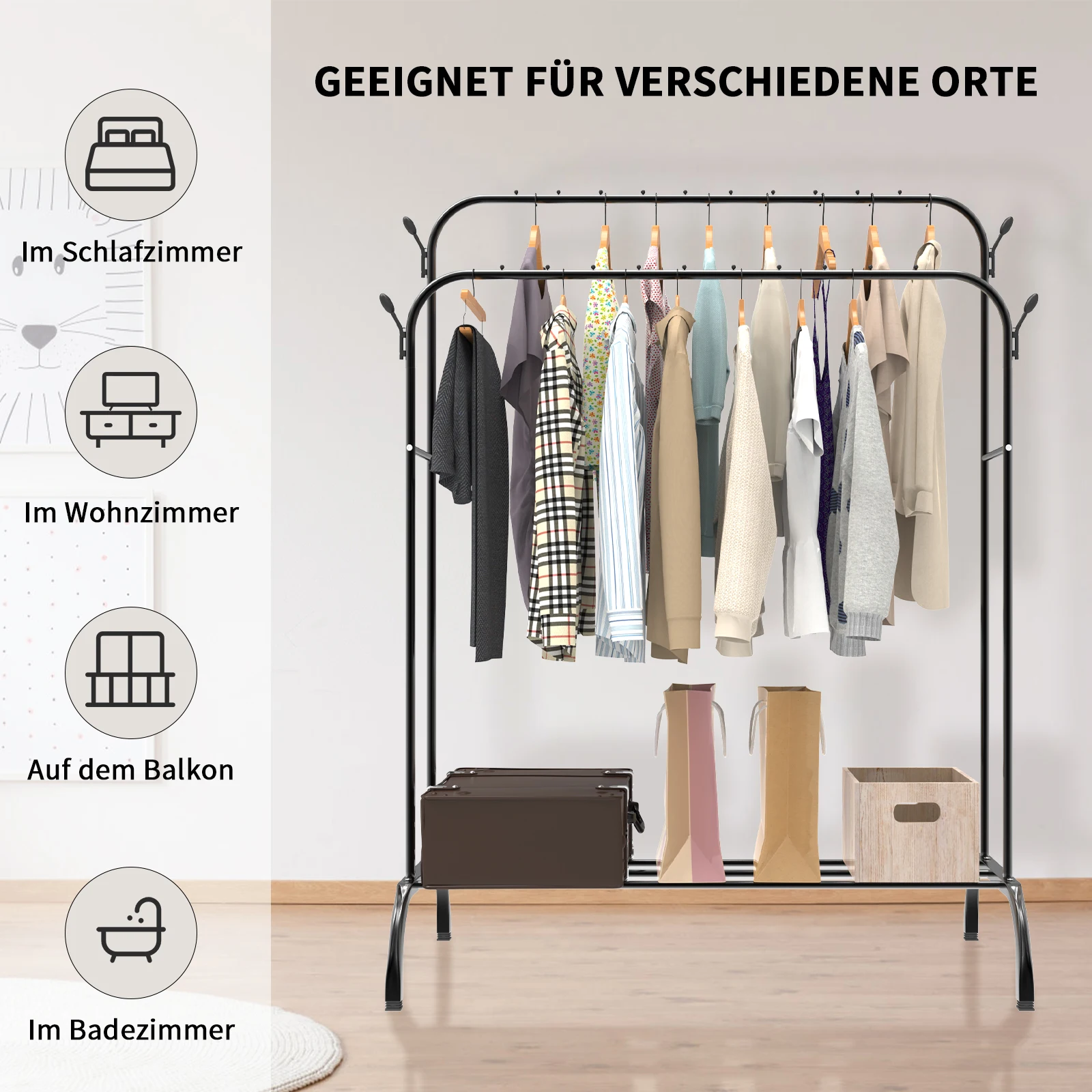 Kleiderständer, Robuster 80KG schwarzer Doppelständer aus Metall mit doppeltem Kleider- und Schuhregal, Metall-Kleiderständer mit Ablageflächen und 4 Kleiderhaken, Freistehender Kleiderständer für