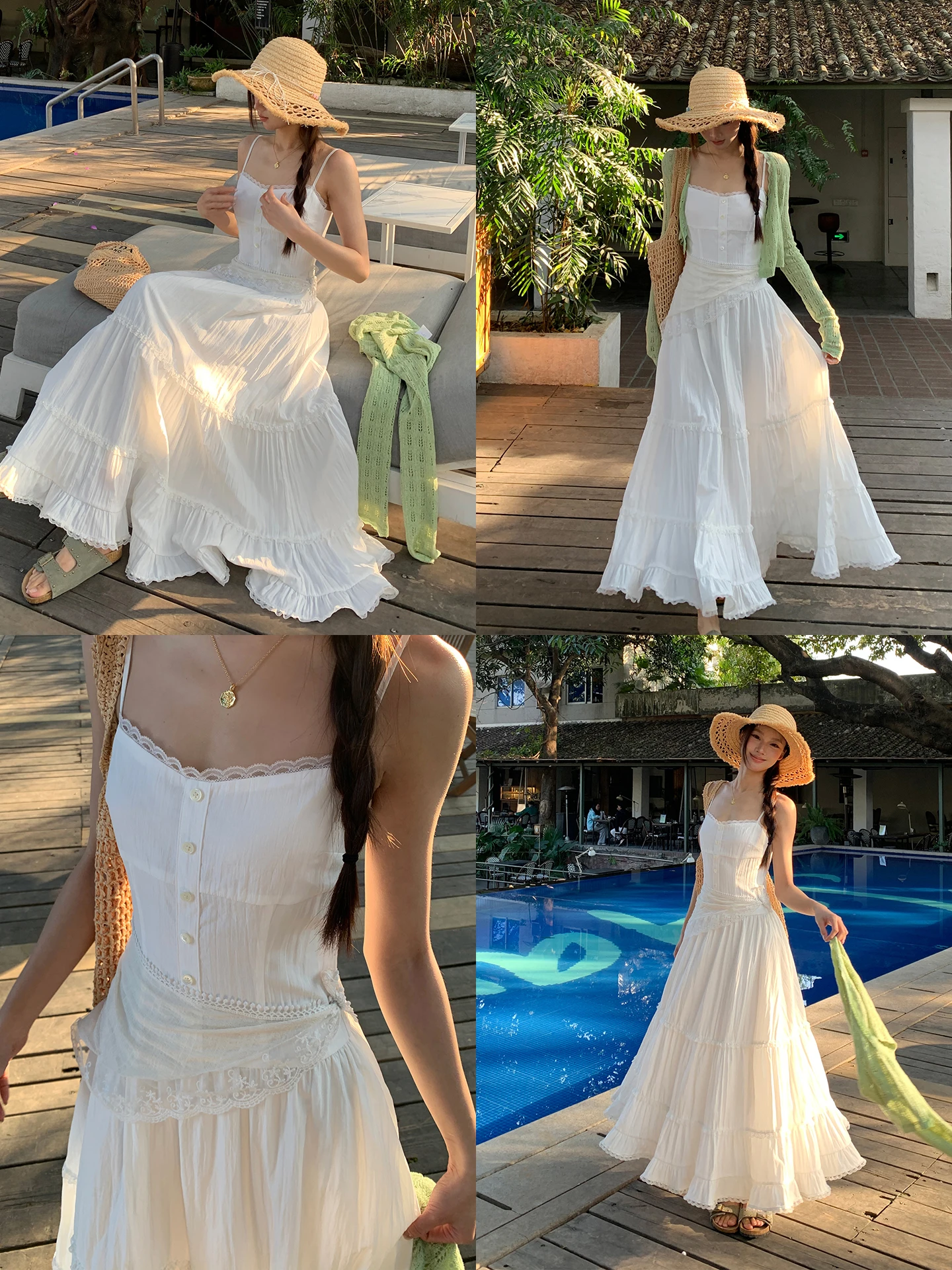 

Ele White Lace ter Dr Women's Spring New Sle Slimming Long Dr High Waist A-Line Skirt V-Neline Casual Wear