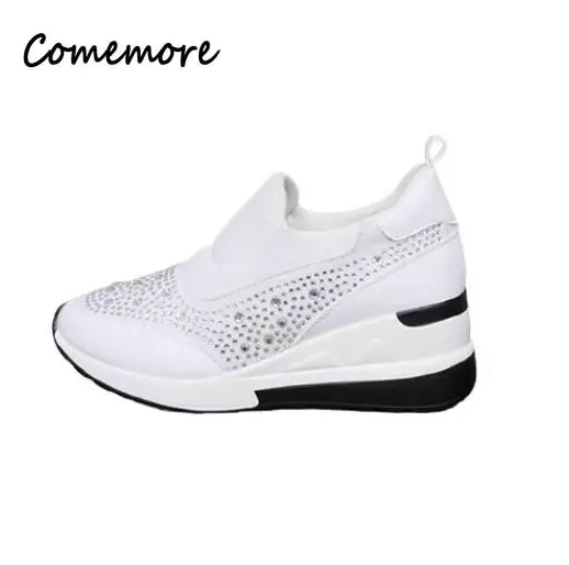 Sneakers Woman\'s High Black White Pink Sneakers for Women Outdoor Sports New Rhinestone Female Wedges Heel Sneaker Spring Autumn