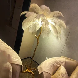 200cm Nordic Ostrich Feather Floor Lamp Resin Copper Living Room Home Decor Standing Light Indoor Lighting Bedroom Bedside Light