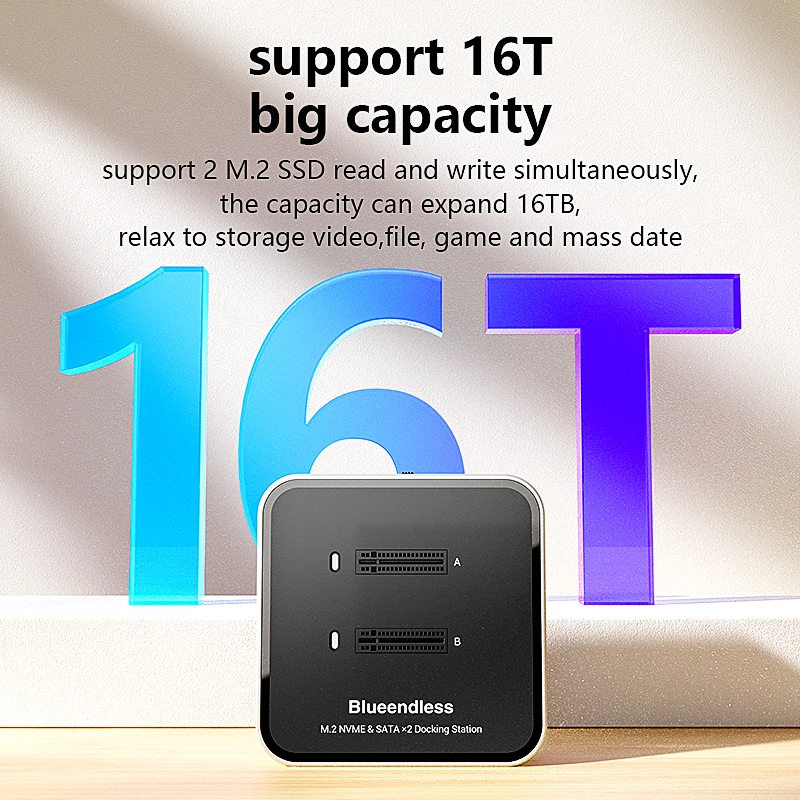 Blueendless Duay-Bay M.2 NVMe / SATA protocol SSD Docking Station with Hub SSD Reader Type C USB3.1 10Gbps external SSD case