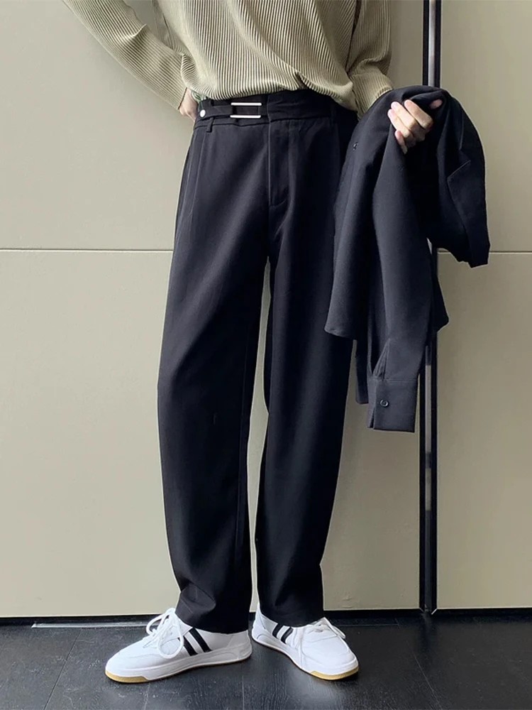 

Casual Men's Straight Leg Pants Loose Fit Spring Autumn New Korean Style Trendy Belt Decorated Lightweight Maturity Suit Pants