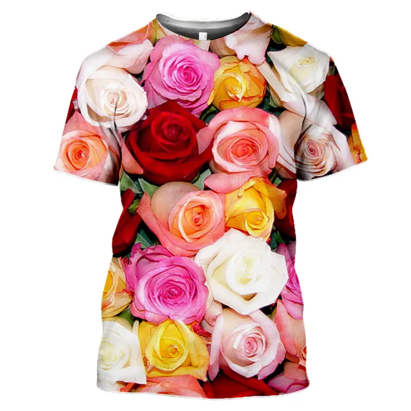 Summer Fashion Rose Flower graphic t shirts For Unisex 3D Printed Personality Colorful Pattern Round Neck Short Sleeve Tees Tops