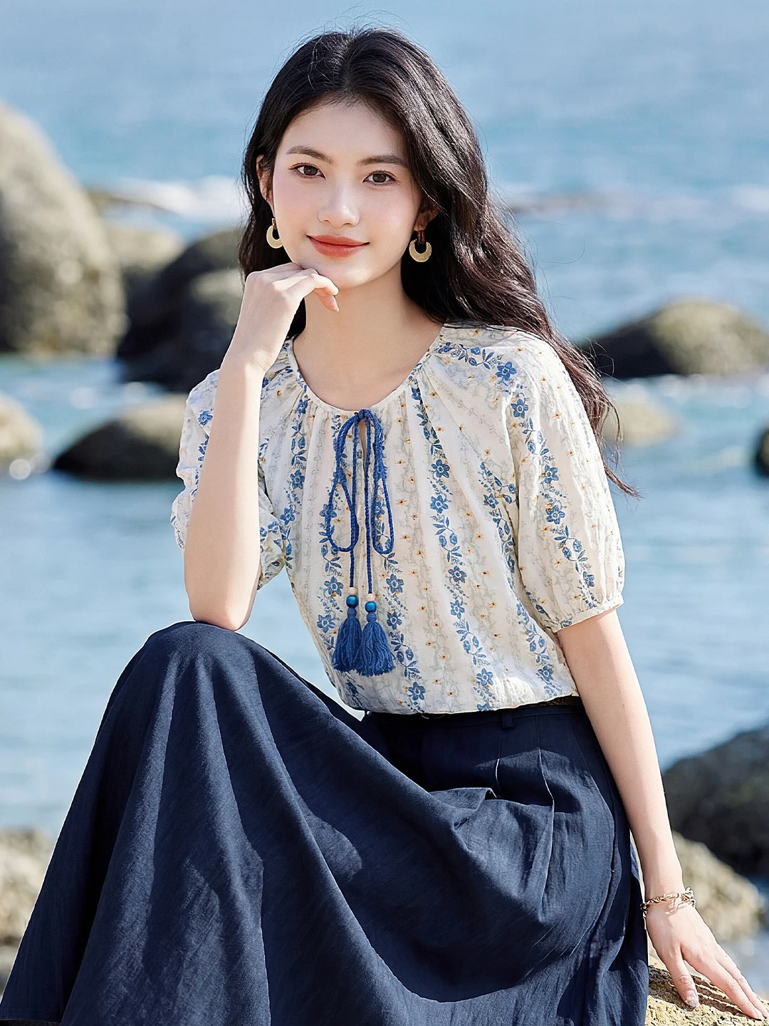 

Женская летняя новая модная дышащая удобная повседневная рубашка Xin Fei Yu с коротким рукавом из льна с цветочным принтом