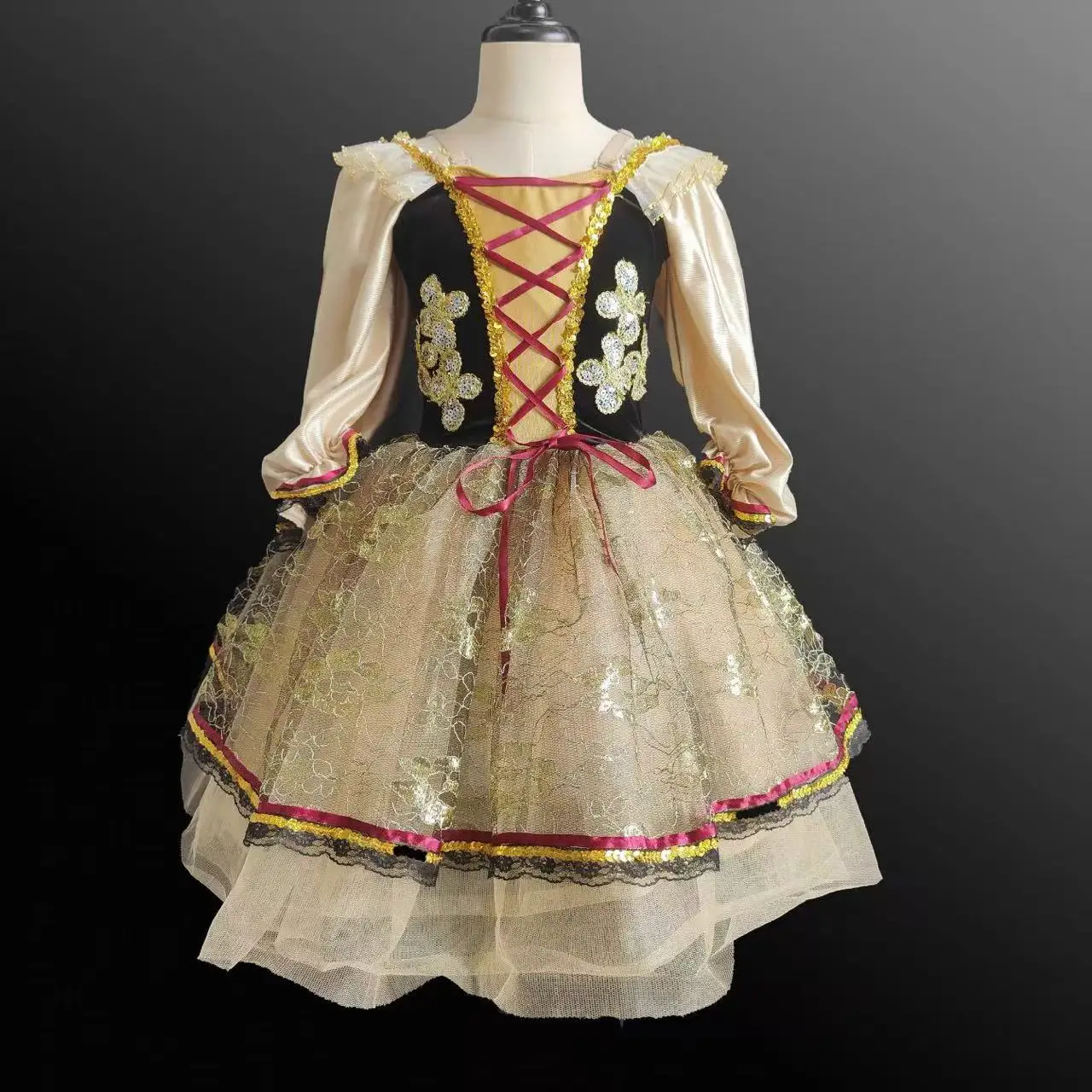 

Court Style Black Gold Girls Tutu Ballet Glitter Ballerina Lace Mesh Skirt Professional Rabbit Child Stage Performance Costume