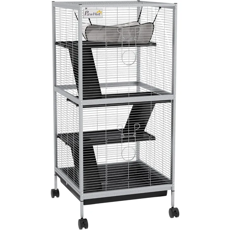 

Metal Small Animal Cage Rolling Big Ferret Cage, Chinchilla Cage, Sugar Glider Cage, with Hammock & 4 Tiers, Removable Tray,