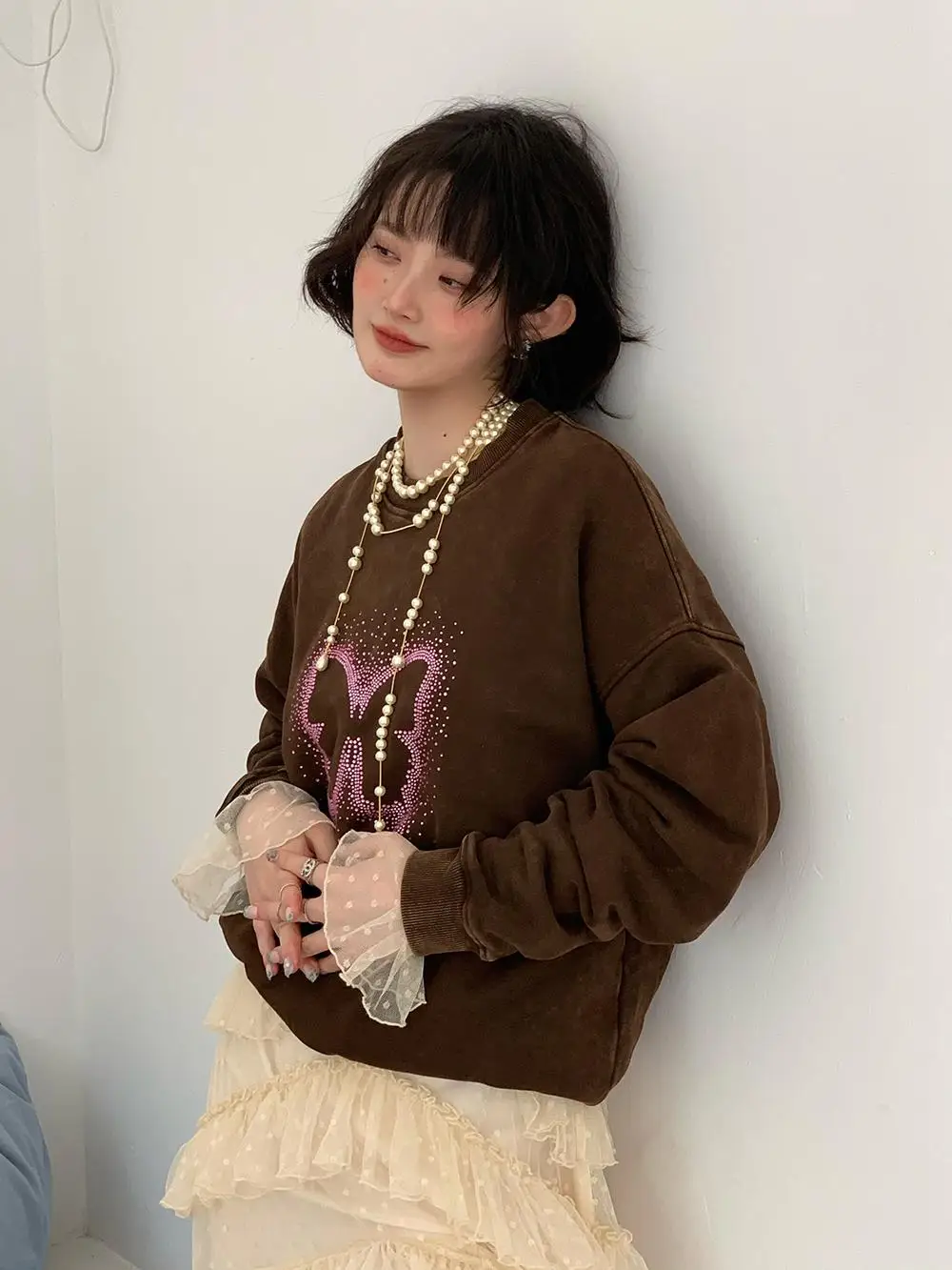 

Chill Rhinestone Vintage Color Blo Loose Sweatirt Jaet Premium Quali Comfortable Fit Long Sve round Ne