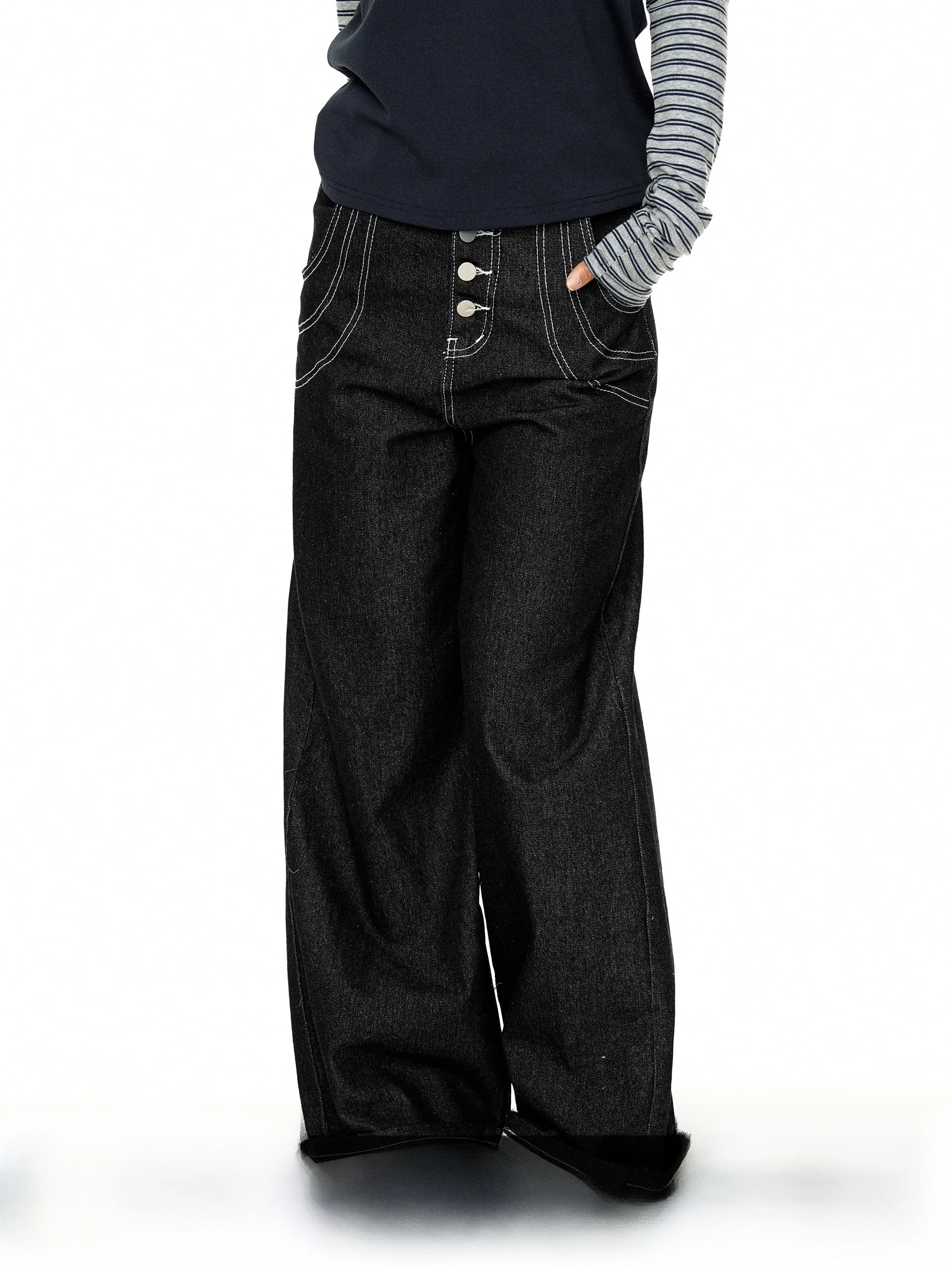 

Blabb American Retro Single Button Design Jeans Women Loose Slim Straight Floor-Length Pants High Waist Wide Leg Casual