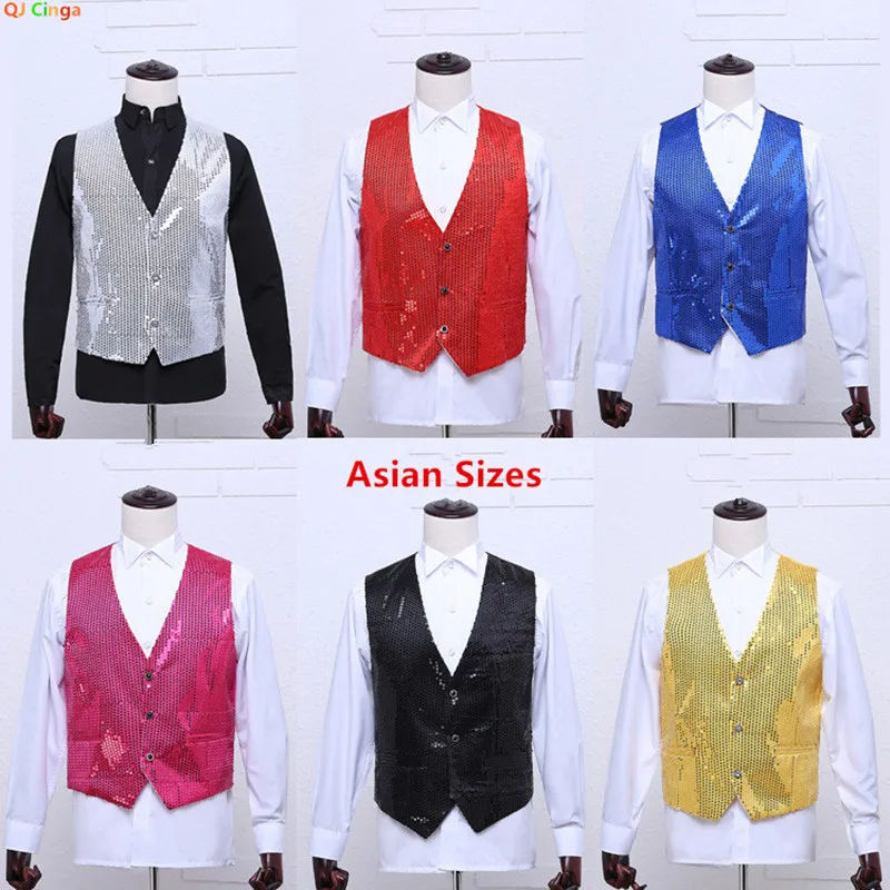 2026 Men's Gold Sleeveless Suit Vest with Shiny Silver Sequin Decoration, Perfect for Wedding Party Stage Performance Waistcoat