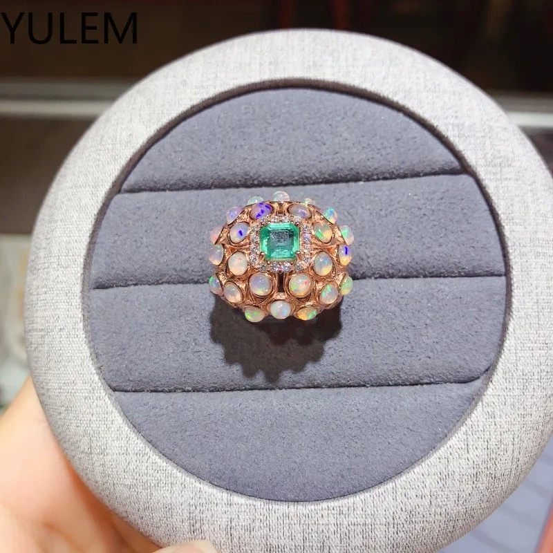 YULEM 100% Natural Emerald Ring for Engagement 5mm*5mm Emerald Silver Ring 925 Sterling Silver Emerald Ring with 3mm Opal Stone image 4