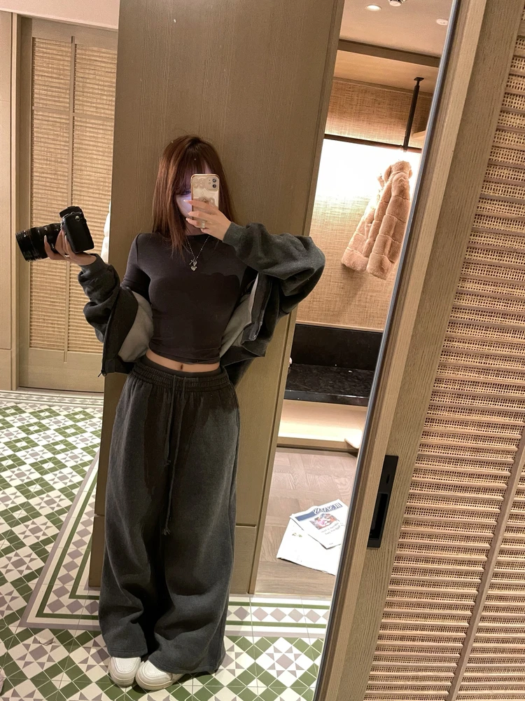 

High Weight Hoodie Sweatirt T-irt Tee-Piece Set for Women Versatile Autumn Winter Cotton Polyester Blend Loose Fit