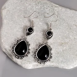 Vintage Black Stone Drop Earring Jewelry Geometric Triangle Hollow Ear Jewelry For Women Girls