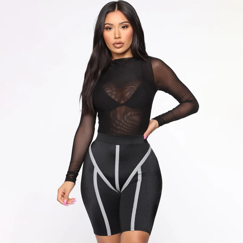 

Retro Spring Autumn e Leaning Sexy One-Piece Breathable Pure Color See-tough Long Sve round Ne Street Sle Top