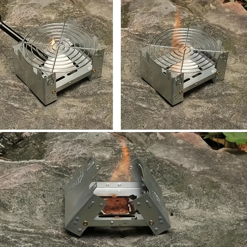 Custom.Compact Folding Pocket Stove - Durable Zinc Alloy Ironwood Camping and Survival, Space-Saving Design, No Ignit