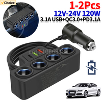 Car Cigarette Lighter Adapter QC3.0+PD 3.1A 12V/24V 3 USB Socket 4-Socket 3 USB Ports Car Cigarette Lighter Socket Splitter Plug