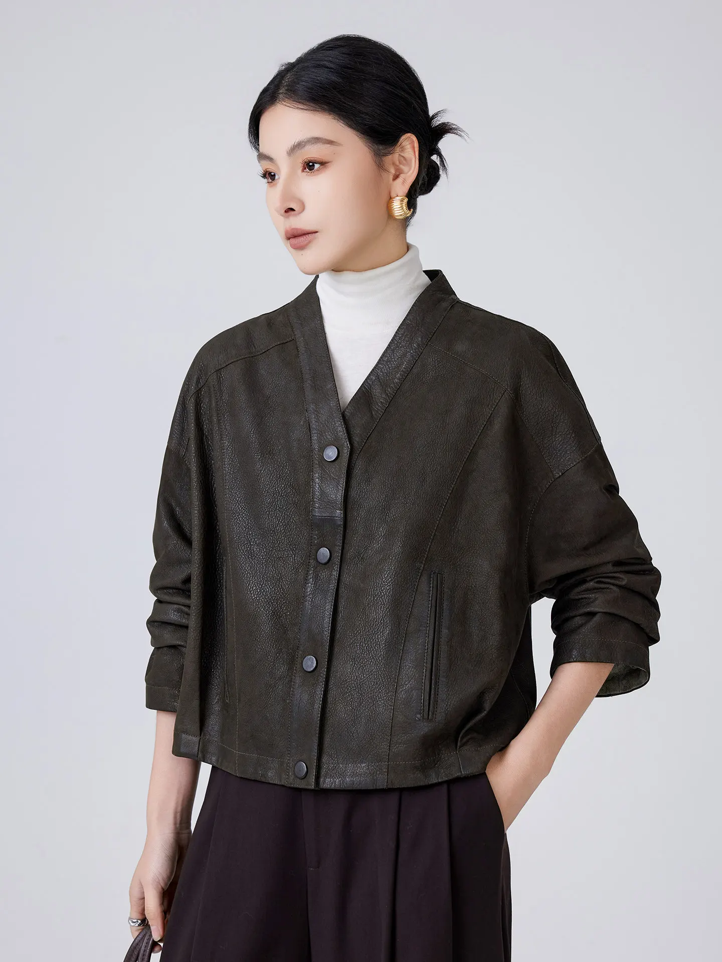 

V-neck Short Genuine Leather Jackets for Women Simple Retro Washed Double-sided Wear Casual Loose Real Goatskin Leather Coat