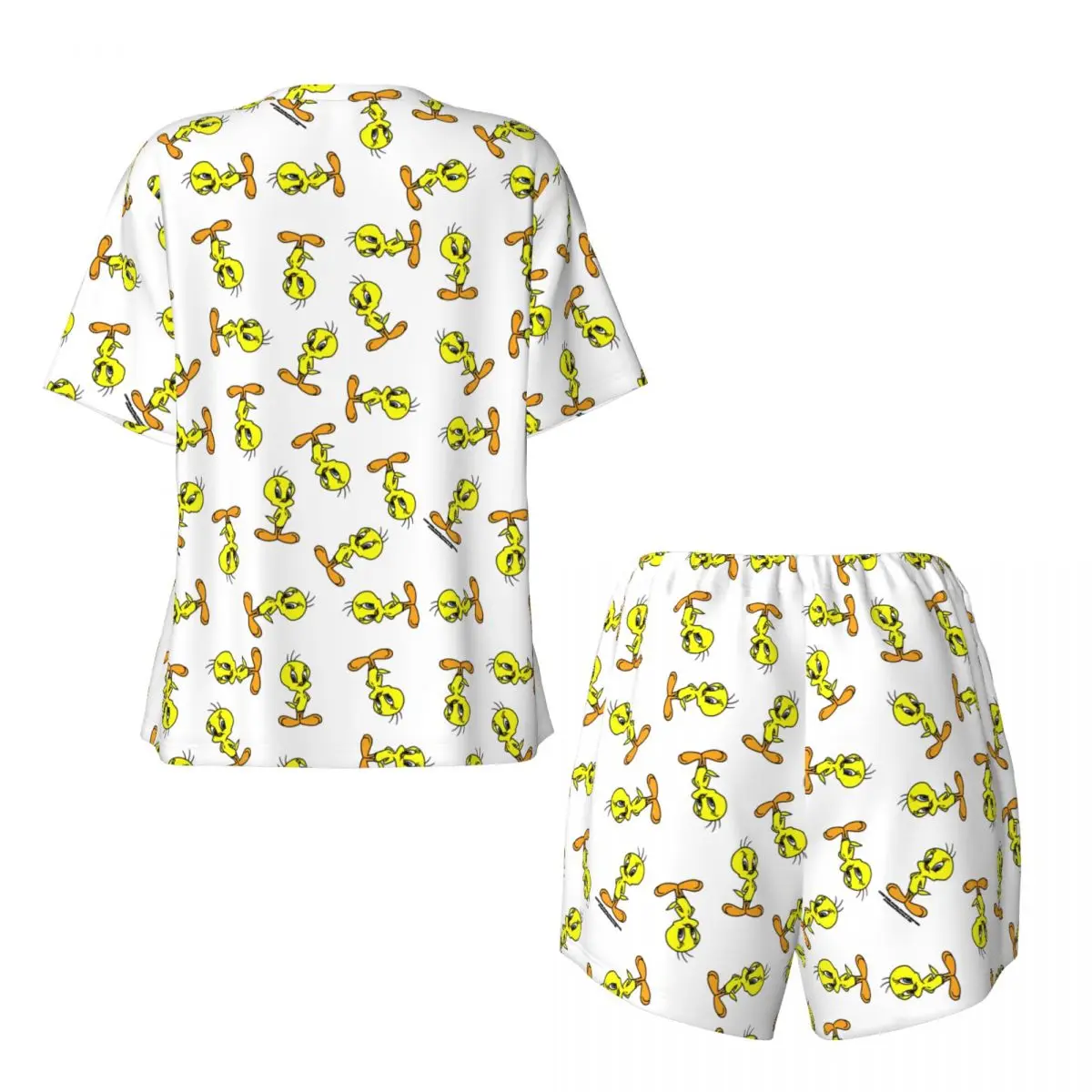 Custom Printed Womens Yellow Bird Cartoon Games Tweetys Pajamas Set Short Sleeve 2 Piece Sleepwear Pjs Lounge Sets