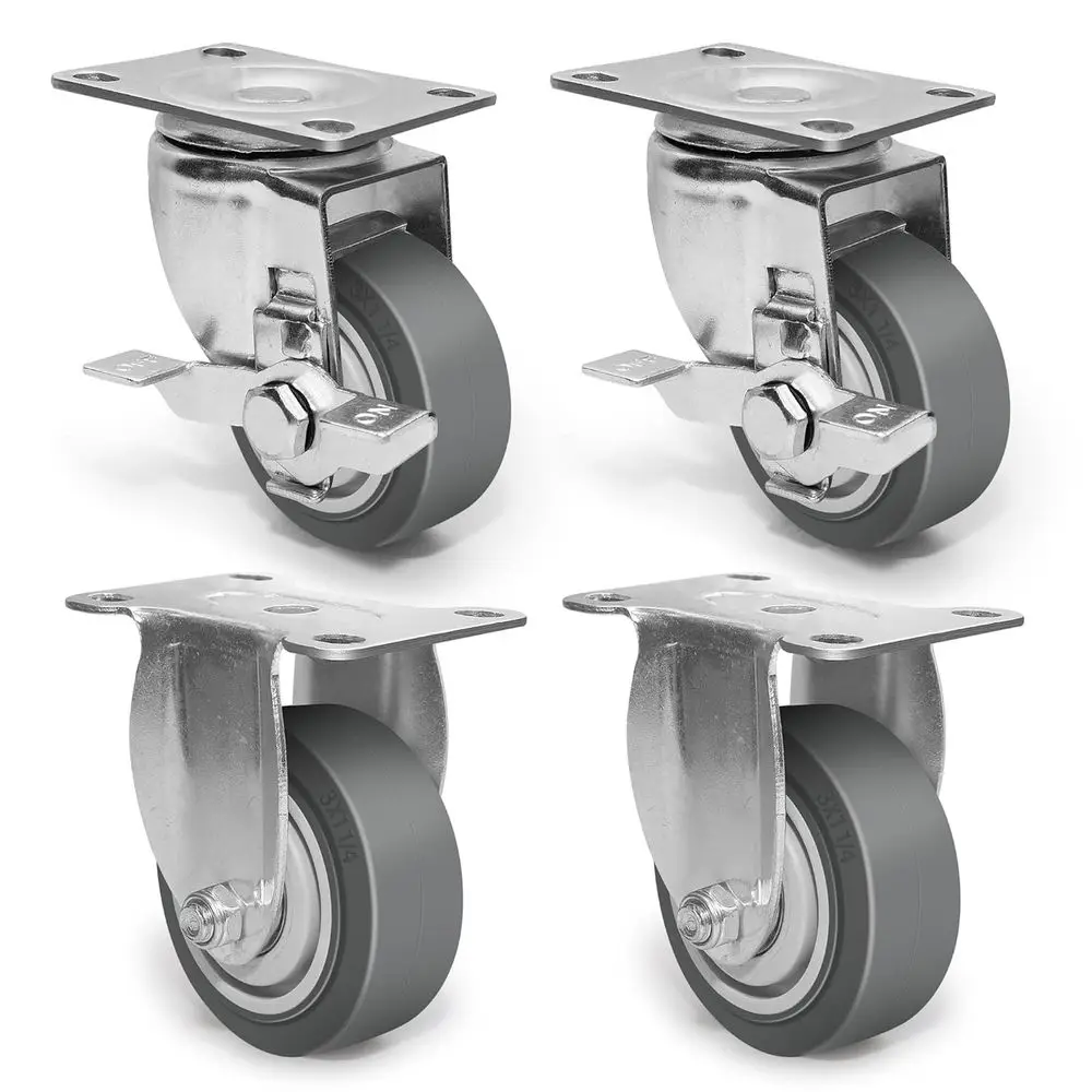 

3 Inch Heavy Duty Caster Wheels with Brake, Set of 4, Rubber Wheels, Industrial Plate Casters for Cart, Workbench (2 Brake & 2 R
