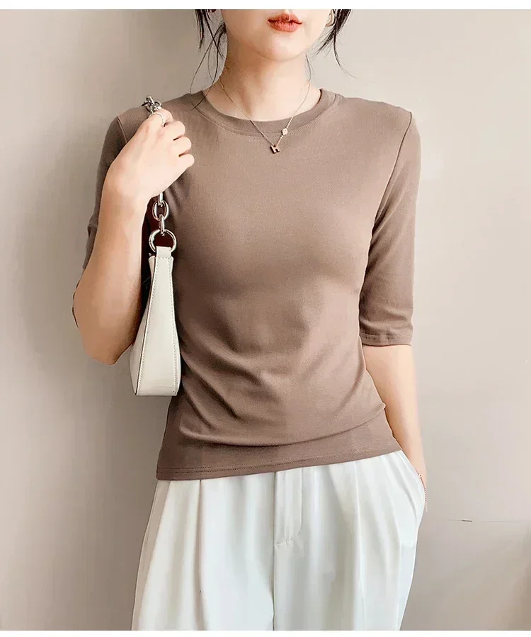 2026 Basic Einfarbiges Kurzarm-T-Shirt mit Rundhalsausschnitt, Eng Anliegend, Sommerliches Casual-Oberteil für Damen, Y2K Vintage Top, Harajuku Streetwear – Detail 30