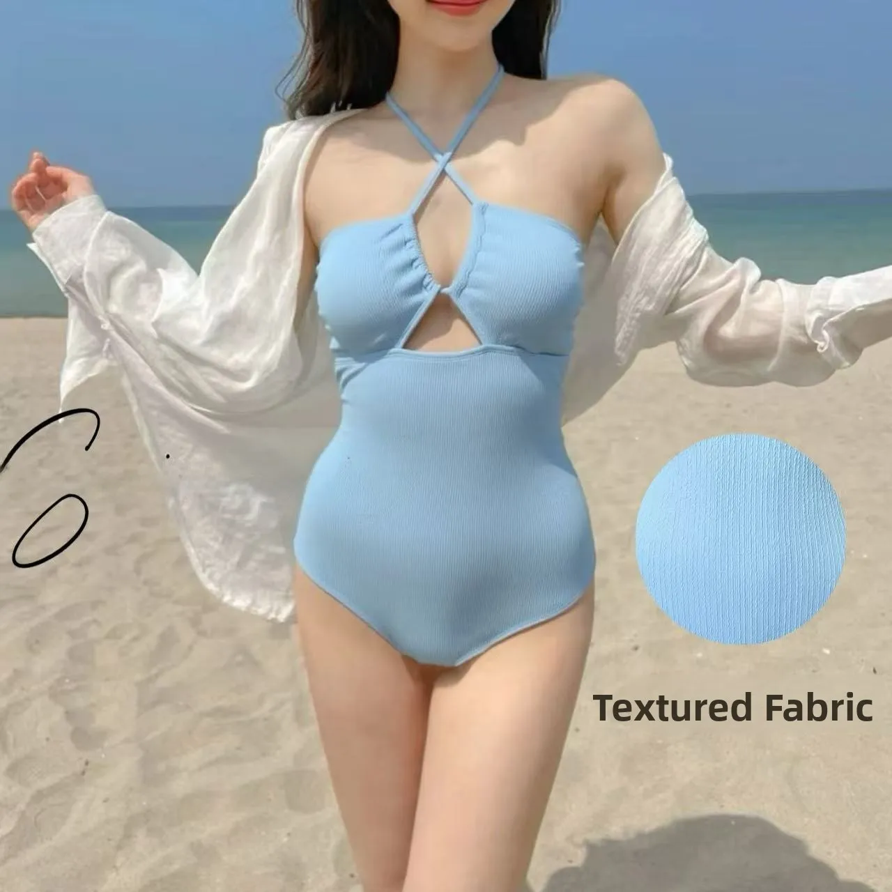 

Amber Ladies Fre Light Blue Flattering One-Piece Swimsuit High-End Texture for Beach Vaion with Chest Pad Ele Sle