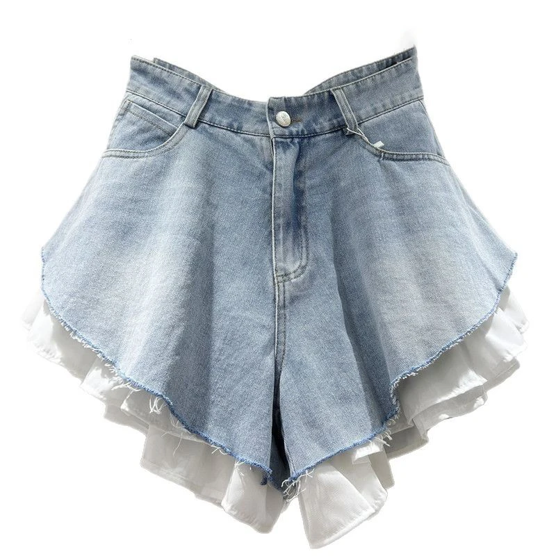 New Fashion Women's Patchwork Hem Wash Denim Shorts  Summer Trendy High Waist A-line Short Pants Female 1LS1393