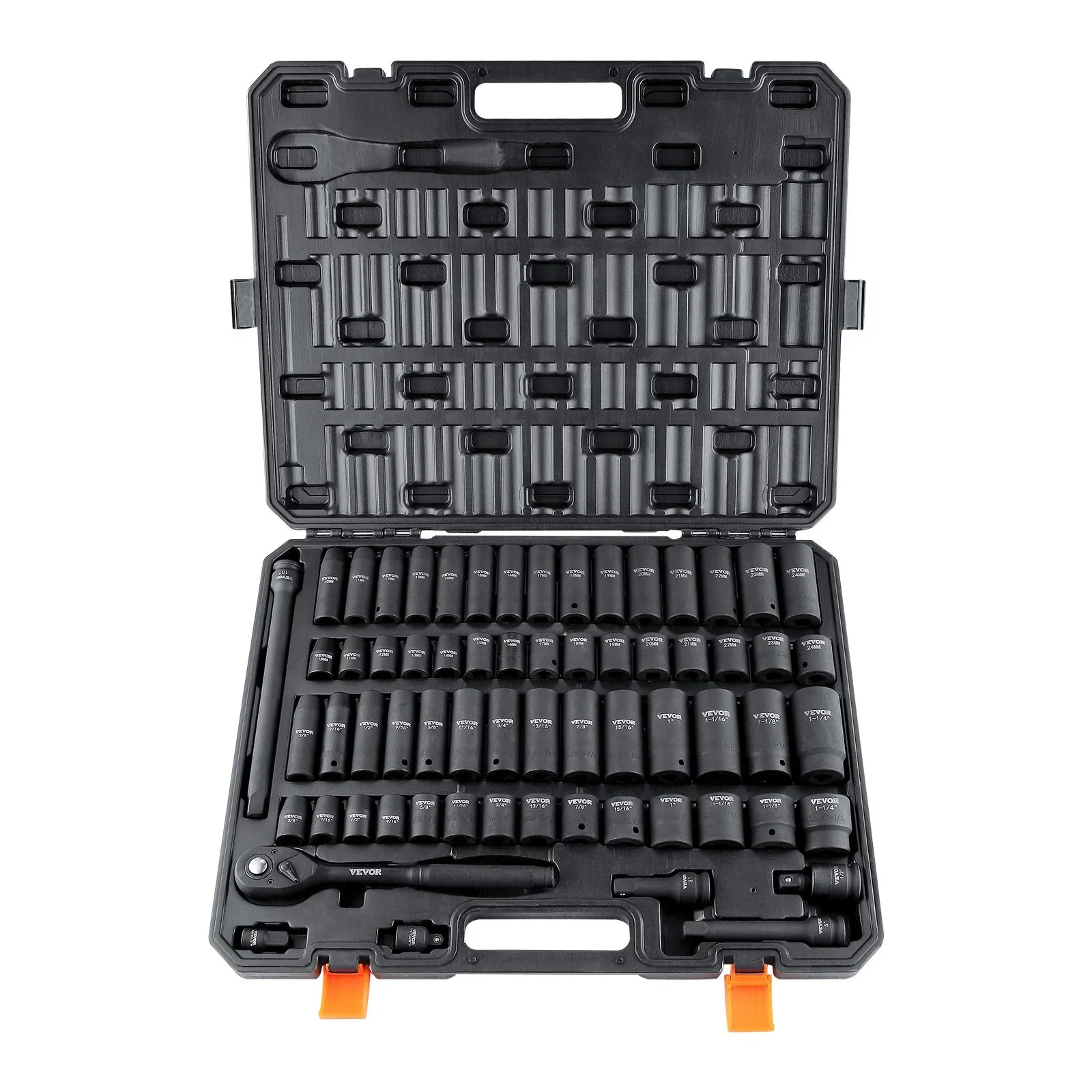 

65 Piece VEVOR 1/2" Drive Impact Socket Set SAE 3/8" to 1-1/4" and Metric 10-24mm 6 Point Cr-V Alloy Steel for Auto Repair