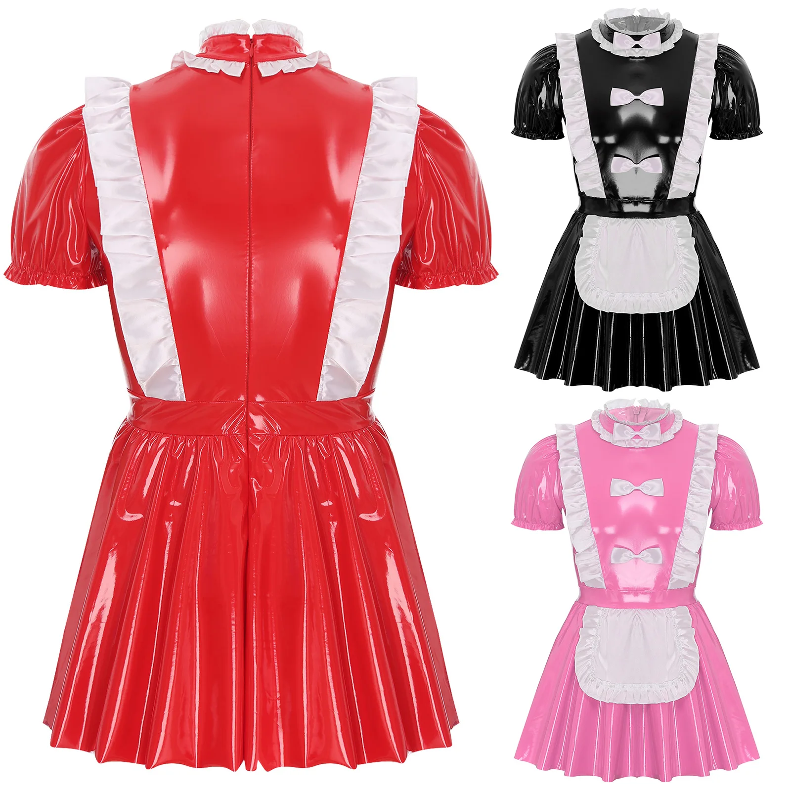 Heren Sexy Sissy Meid Uniform Outfit Wetlook Latex Ruches Korte Mouw Een Lijn Jurk Crossdressing Kostuum Thema Club Danskleding