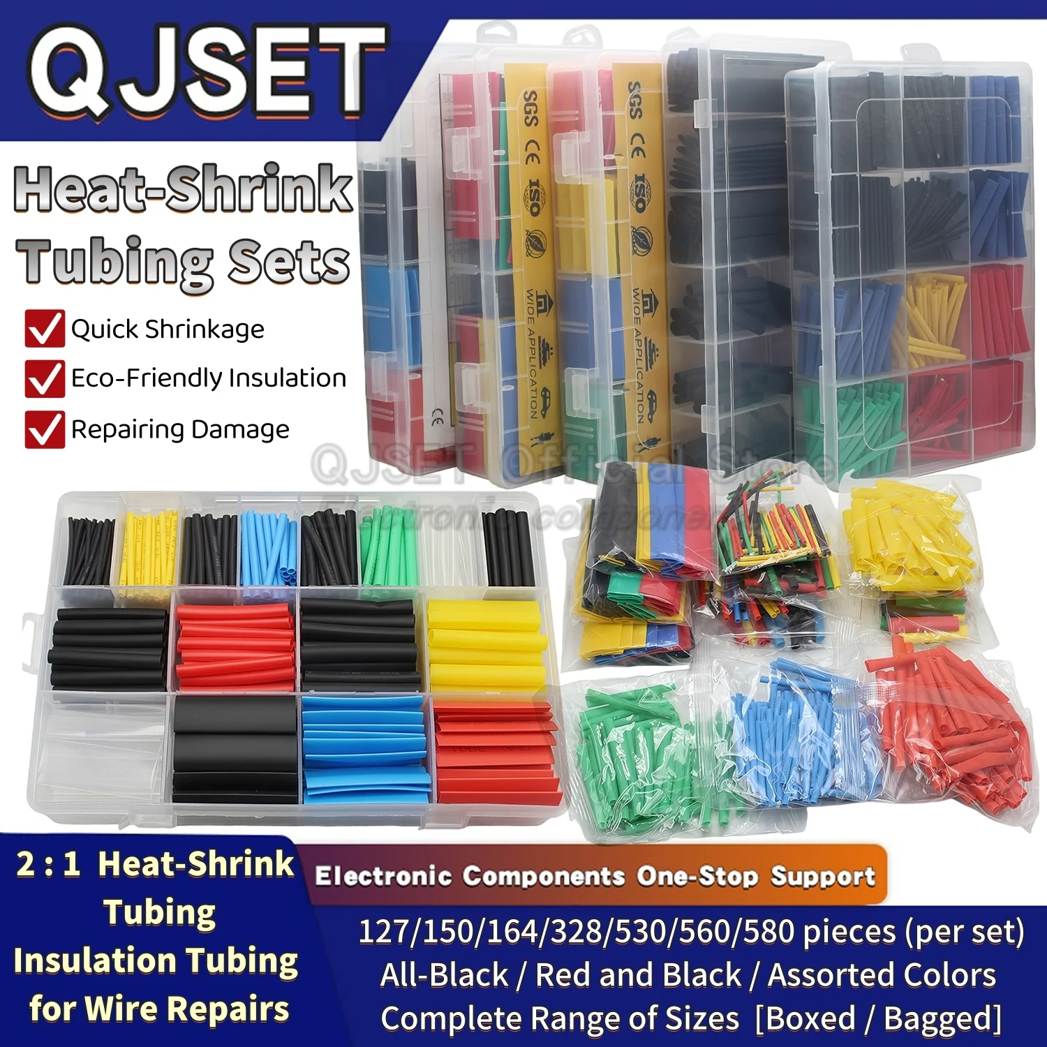 127-580pcs Heat-shrink Tubing Thermoresistant Tube Heat Shrink Wrapping Kit Electrical Connection Wire Cable Insulation Sleeving