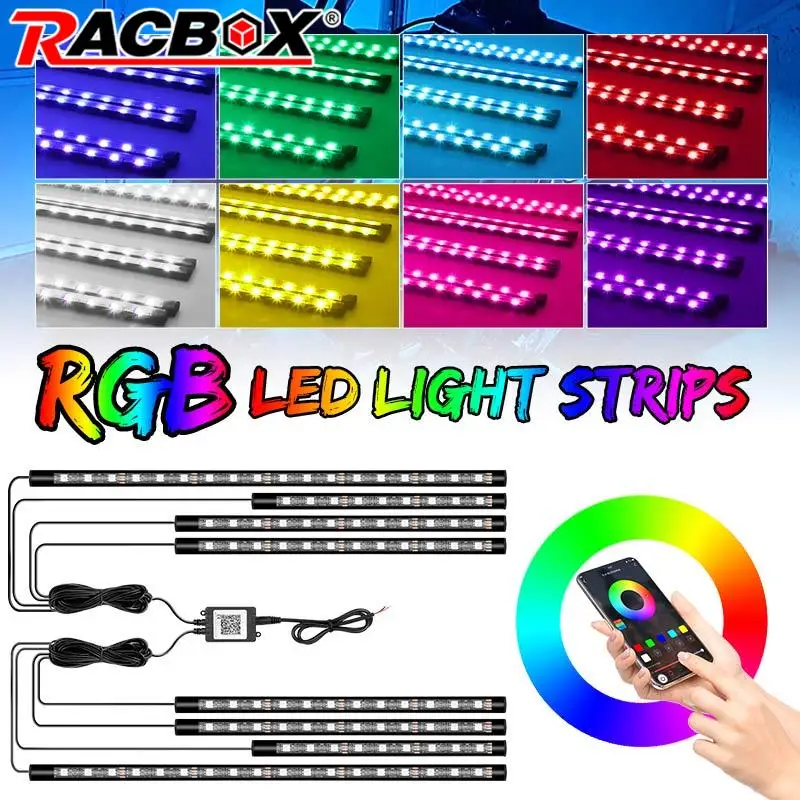 8 in 1 RGB Motorcycle LED Light Strip Bar 12V APP Control Atmosphere Ambient Light Accent Glow Neon Strip Kit Waterproof Lamp