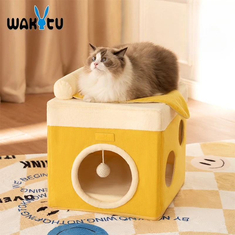 

Wakytu Pet Cat Nest Square Cheese Dog Nest Corduroy Home Indoor Cat Kennel Portable Disassembly Simple Pet Bad Mats