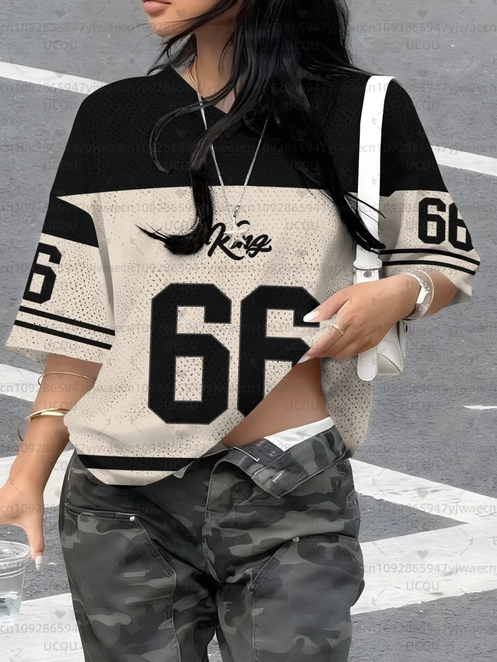 Women's King No.66 Print V-Neck Short Sleeve T-Shirt Summer Graphic Tee Hole Mesh Jerseys Plus Size Sport T-Shirt