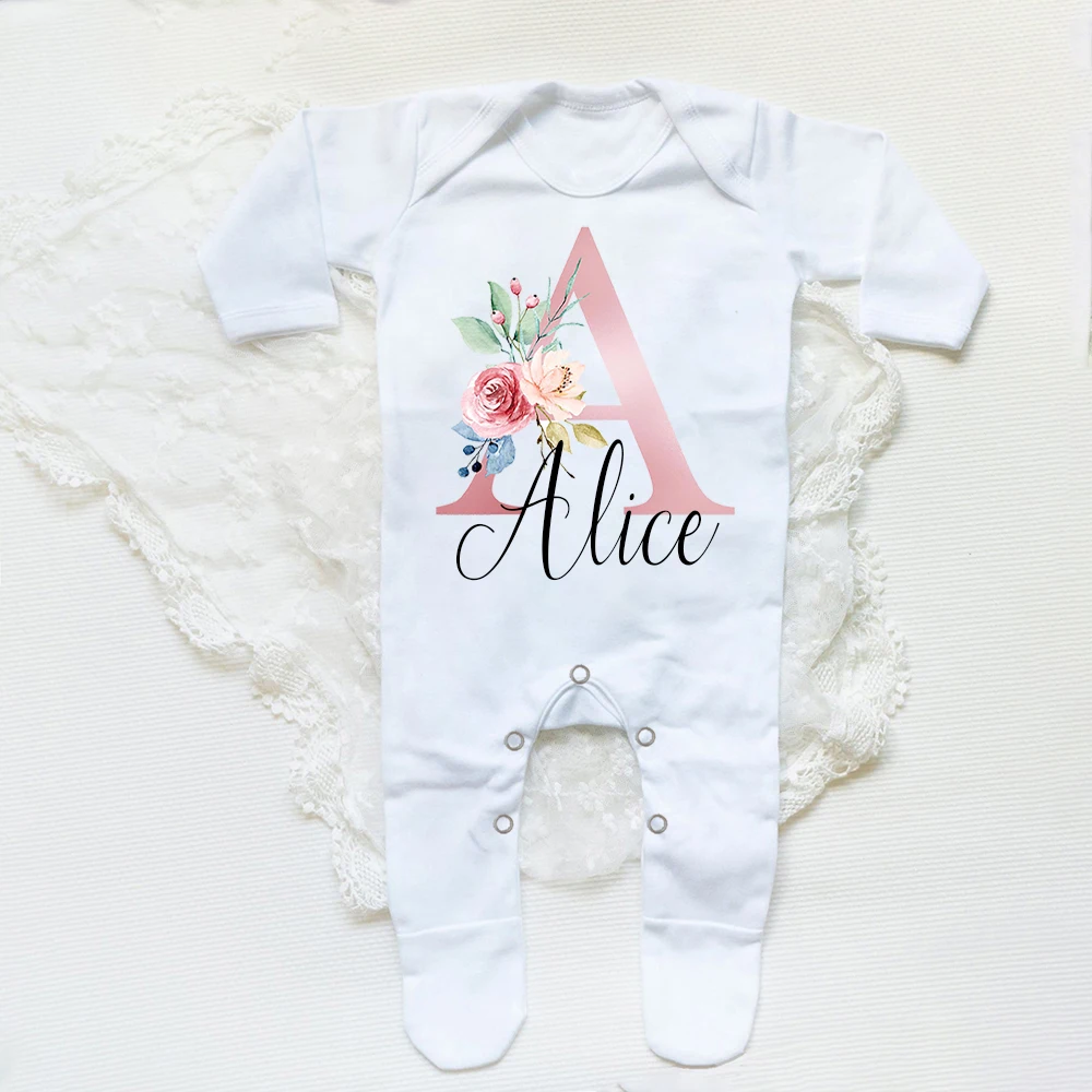 Babygrow-Sleepsuit Infantil, Romper Infantil, Bebê Coming Home Outfit, Presente Do Chuveiro Recém-nascido, Personalizado, Inicial Da Flor